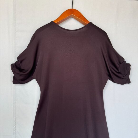 COS Chocolate Brown Ponte Knit Gathered Sleeve Open Back Midi Dress Size Large - Picture 3 of 14